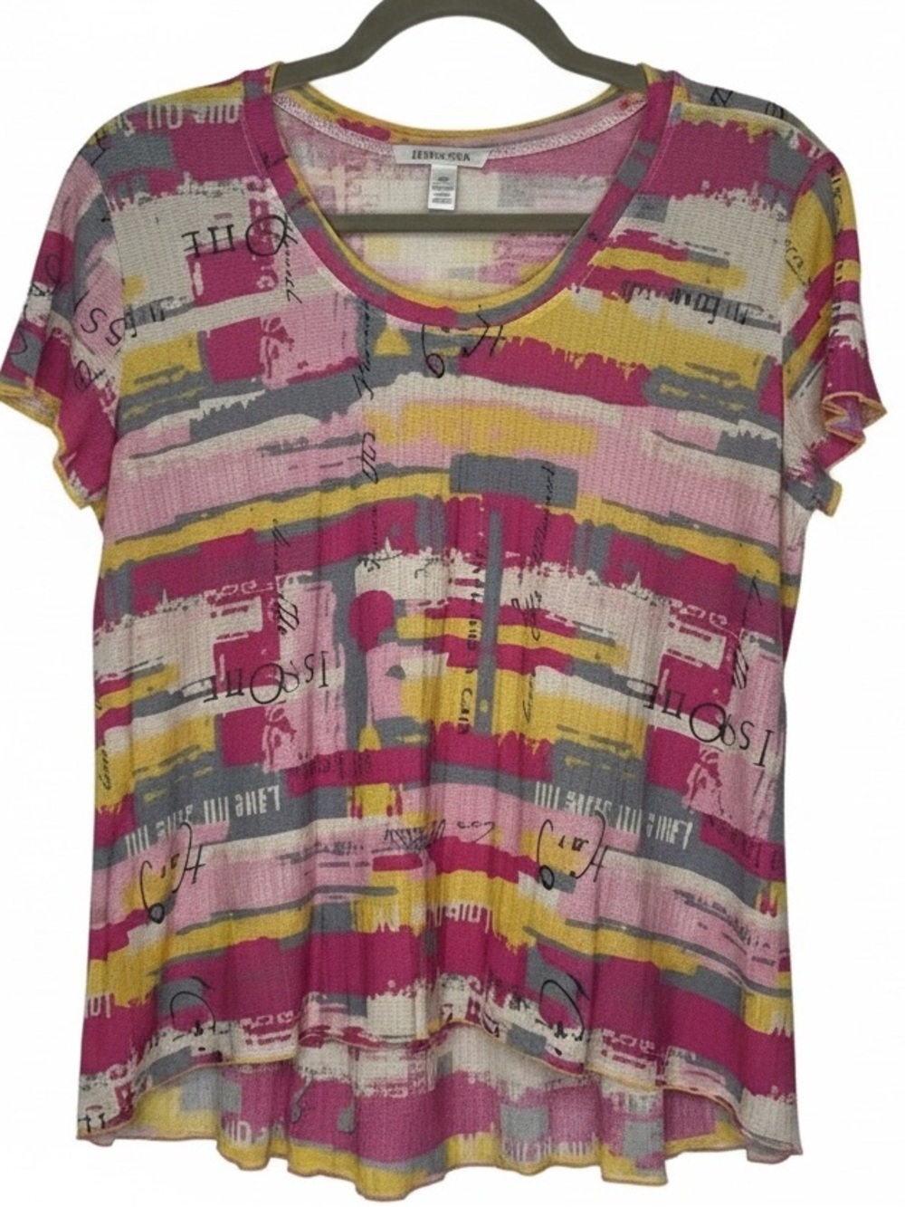Multi-Color High-Low Hem Short Sleeve Lightweight Colorful Top Yellow Pinks Sz M